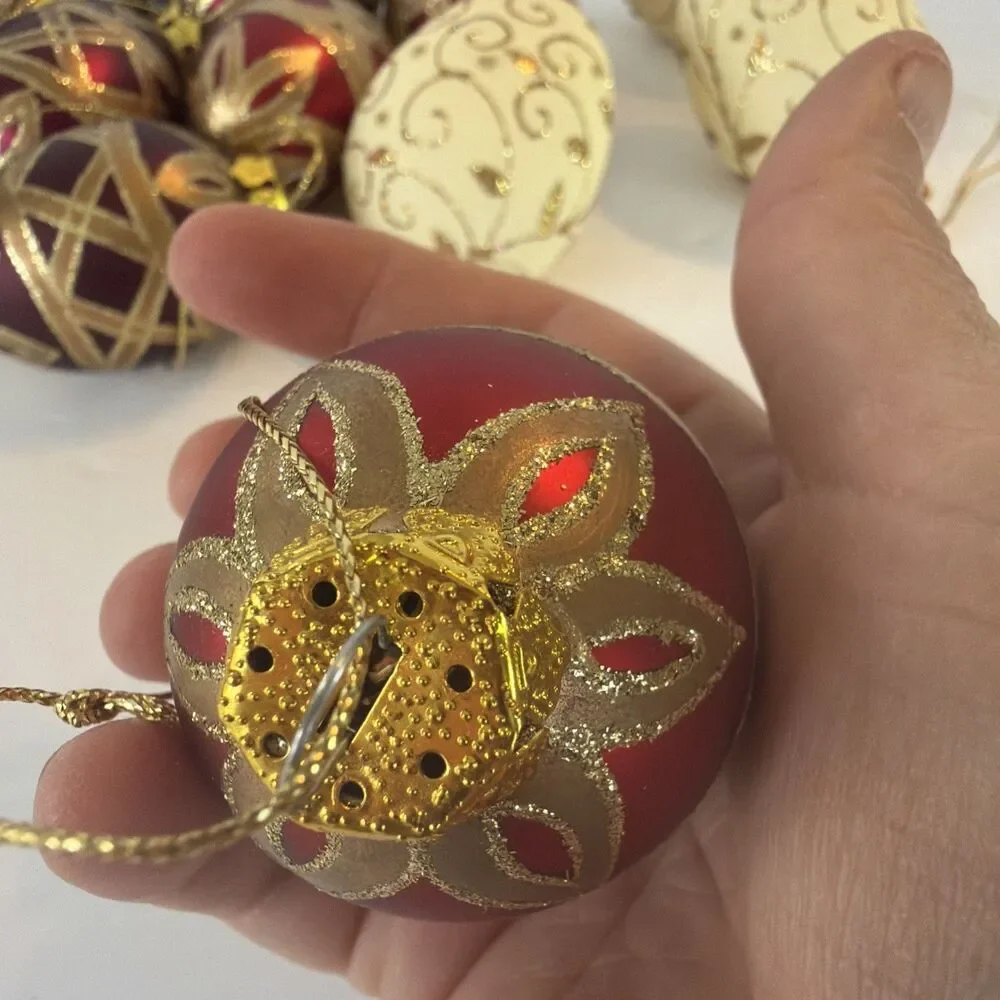 12 Shatterproof Egg Christmas Ornaments Burgundy White Gold Glittered Floral Lot